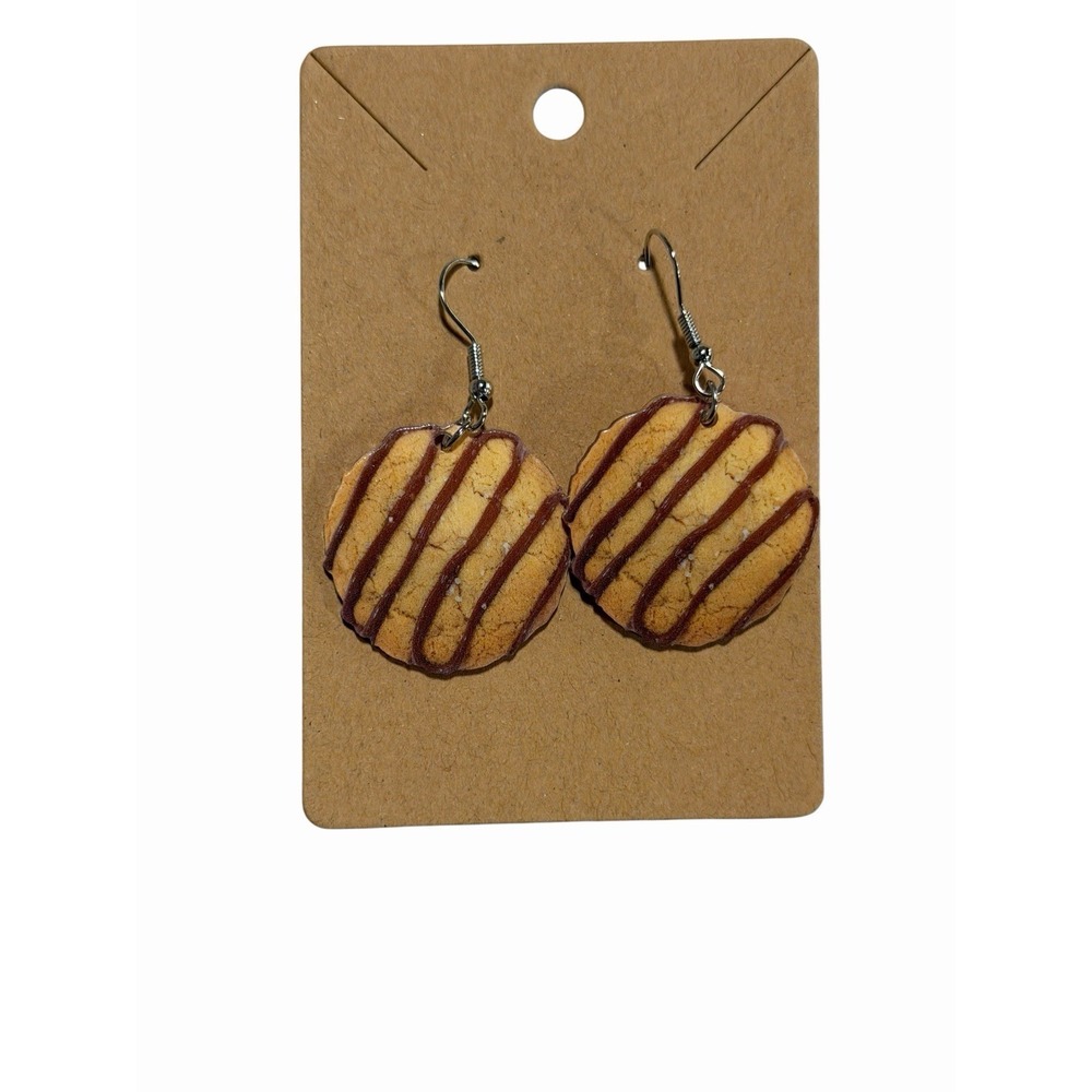 Handmade Chocolate Drizzled Cookie Drop Earrings Foodie Jewelry Brown‎ Tan
